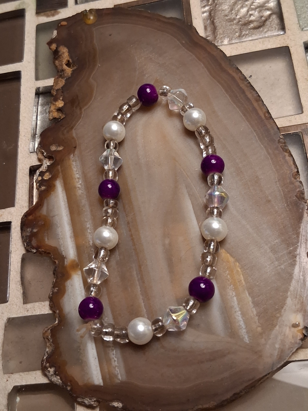 Artisan Purple, White and Clear Beaded Stretch Bracelet